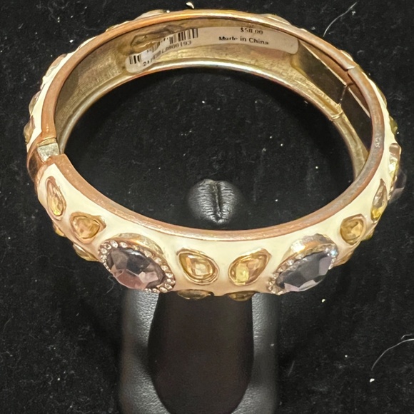 Vintage Sequin Gold Tone Bangle Bracelet with Gemstone Accents - Picture 2 of 9